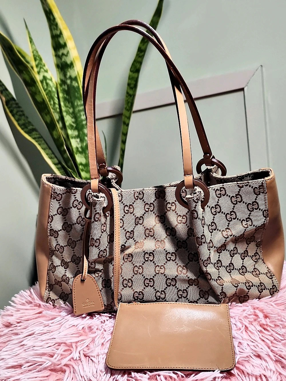 Gucci GG Canvas Tote Bag with Pouch Brown & Pink